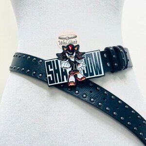 Black leather belt with silver studs and Sonic the Hedgehog buckle